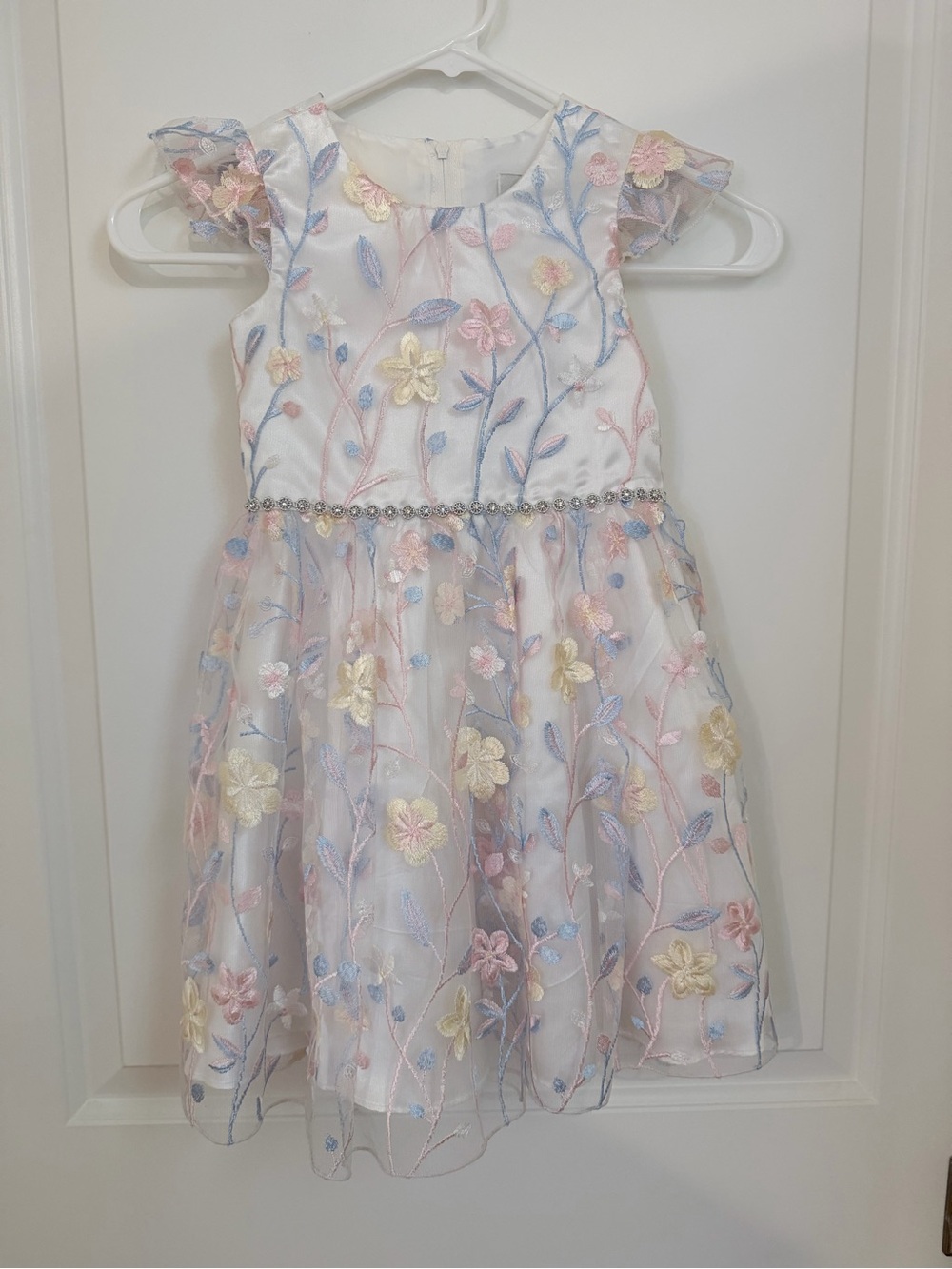 Rare Editions White Floral Embroidered Party Dress with Pastel Accents